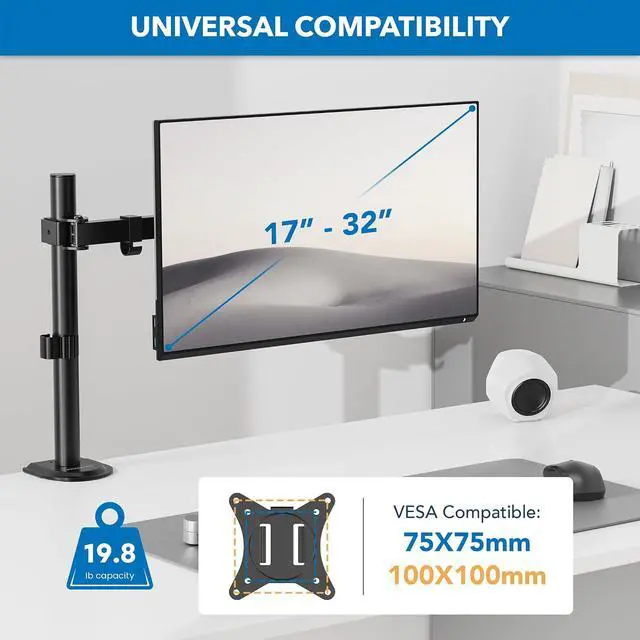 Alt view image 3 of 7 - Mount-It! Single Monitor Arm Desk Mount for 17-32 Inch Screens, Black | Full motion arm with tilt, swivel & rotate, VESA compatible, clamp or grommet base.