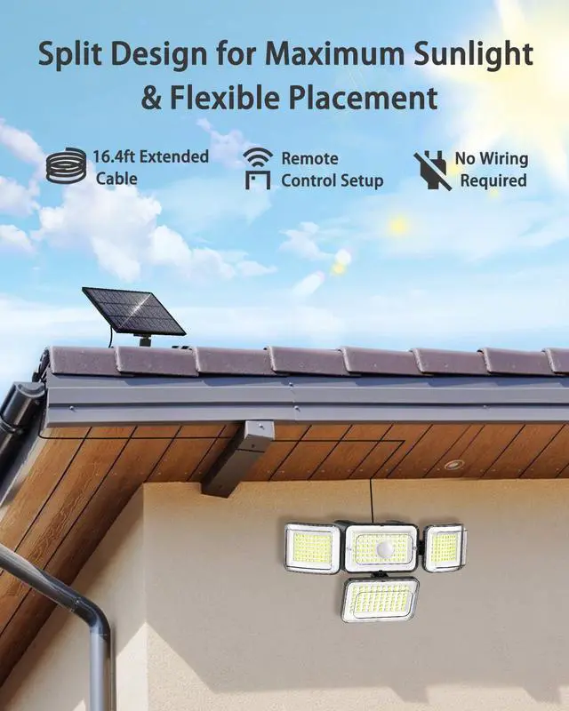 Alt view image 2 of 7 - CLAONER Solar Outdoor Lights Motion Sensor 3500LM 288 LED Solar Security Lights with Remote Control IP67 Waterproof 4 Heads Solar Flood Lights with 16.4ft Cable 4 Modes Wall Lights(2 Pack)