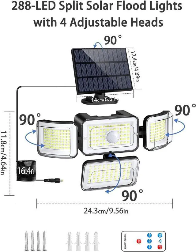 Alt view image 4 of 7 - CLAONER Solar Outdoor Lights Motion Sensor 3500LM 288 LED Solar Security Lights with Remote Control IP67 Waterproof 4 Heads Solar Flood Lights with 16.4ft Cable 4 Modes Wall Lights(2 Pack)