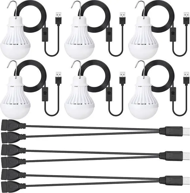 Main image of Funtery 6 Pcs USB LED Light Portable Light Bulb with USB Hanging Camping Light Splitter Cable for Camping Tent Garage Warehouse Car Truck Outdoor, 5W, 8.2ft