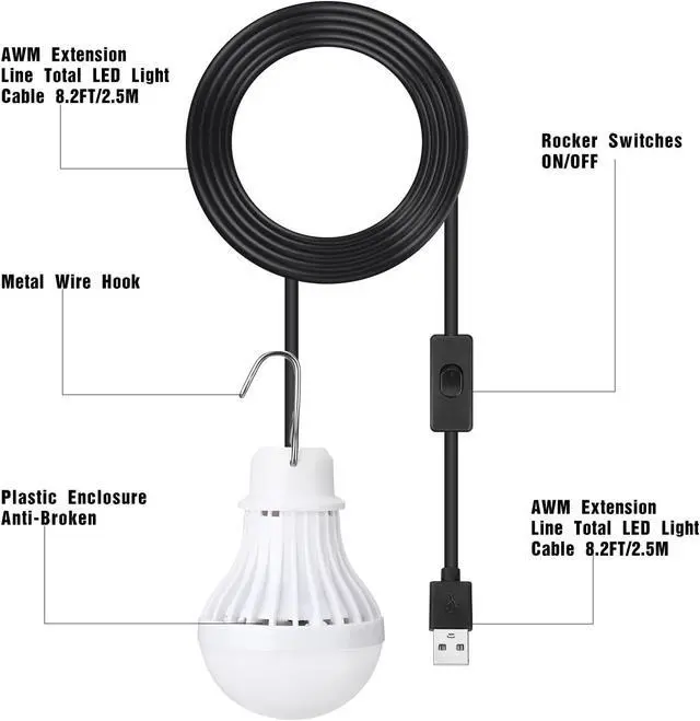 Alt view image 2 of 7 - Funtery 6 Pcs USB LED Light Portable Light Bulb with USB Hanging Camping Light Splitter Cable for Camping Tent Garage Warehouse Car Truck Outdoor, 5W, 8.2ft