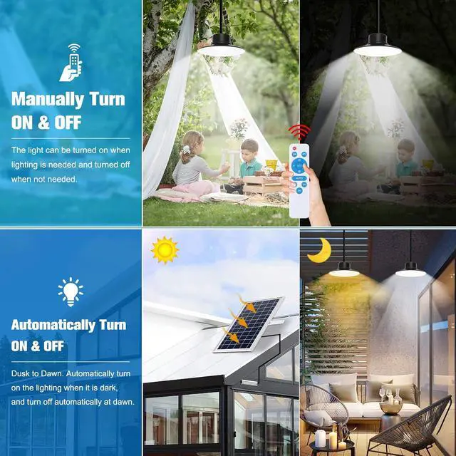 Alt view image 2 of 7 - NIORSUN Solar Indoor Lights Outdoor, LED Solar Pendant Lights 3 Color Dimmable Lighting with Remote Control, Gazebo Lights,2x16.4ft Cable IP65 Waterproof for Garden, Patio, Garage, Camp(2 Pack)