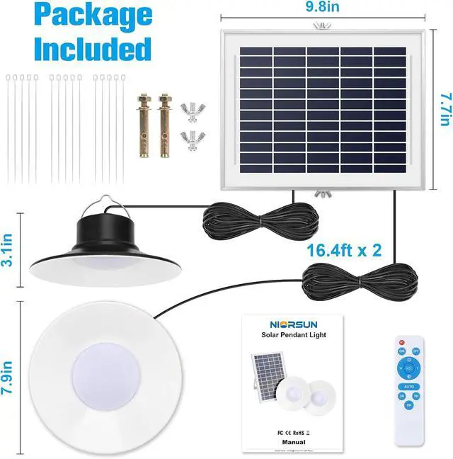 Alt view image 3 of 7 - NIORSUN Solar Indoor Lights Outdoor, LED Solar Pendant Lights 3 Color Dimmable Lighting with Remote Control, Gazebo Lights,2x16.4ft Cable IP65 Waterproof for Garden, Patio, Garage, Camp(2 Pack)