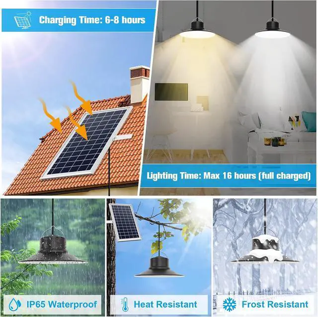 Alt view image 4 of 7 - NIORSUN Solar Indoor Lights Outdoor, LED Solar Pendant Lights 3 Color Dimmable Lighting with Remote Control, Gazebo Lights,2x16.4ft Cable IP65 Waterproof for Garden, Patio, Garage, Camp(2 Pack)