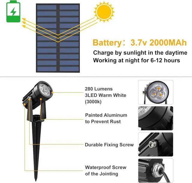 Alt view image 3 of 7 - Solar Spot Lights Outdoor, 2 Pack Solar Landscape Spotlights IP65 Waterproof 9.8ft Cable, Auto On/Off Outdoor Wall Lights for Garden Yard Driveway Porch Walkway Pool (3000K Warm White)