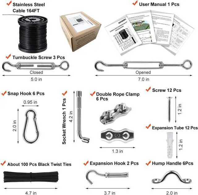Alt view image 4 of 6 - Outdoor String Light Hanging Kit Includ 164 FT Nylon Rope Cable | 304 Stainless Steel Turnbuckle & Hooks,Globe Light Suspension Kits,Patio Lights Guide Wire,Enough Accessories,Use Manual