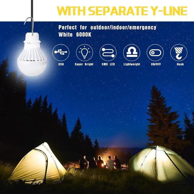 Alt view image 4 of 7 - Funtery 6 Pcs USB LED Light Portable Light Bulb with USB Hanging Camping Light Splitter Cable for Camping Tent Garage Warehouse Car Truck Outdoor, 5W, 8.2ft