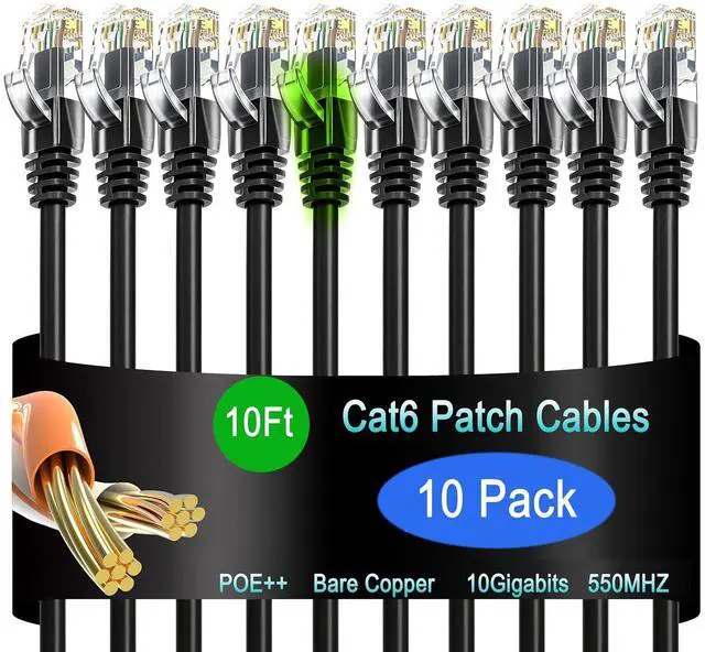 Main image of Cat6 Ethernet Cable 10 ft (10 Pack) - Network Patch Cable for Data Centers, Home and Enterprise Networks, 10G Compatible - Black