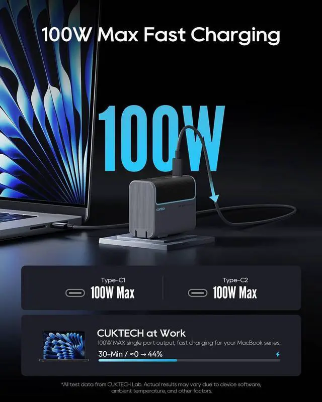 Alt view image 2 of 7 - CUKTECH 100W GaN USB C Fast Charger, 3-Port Wall Charger, Compact Fast Charging Block, Foldable Power Adapter for MacBook Pro/Air, iPhone 17/16/15, Galaxy S24, Pixel, Steam Deck, with 240W Cable