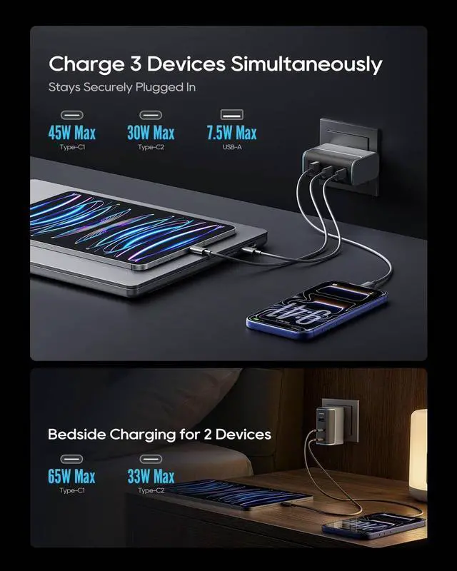 Alt view image 3 of 7 - CUKTECH 100W GaN USB C Fast Charger, 3-Port Wall Charger, Compact Fast Charging Block, Foldable Power Adapter for MacBook Pro/Air, iPhone 17/16/15, Galaxy S24, Pixel, Steam Deck, with 240W Cable