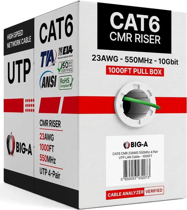 Main image of Big-A Cat 6 Ethernet Cable 1000ft Green, Cat6 Bulk Cable, 23AWG Solid UTP CMR Riser, 550MHz Network Internet LAN Cable, Pull Box