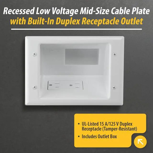 Alt view image 3 of 7 - DATA COMM 45-0071-WH Recessed Low Voltage Cable Plate with Built-In Duplex Receptacle Outlet, Easy To Install - Ideal for Home Theater, TV & Power Cable Management, Mid-Size, White