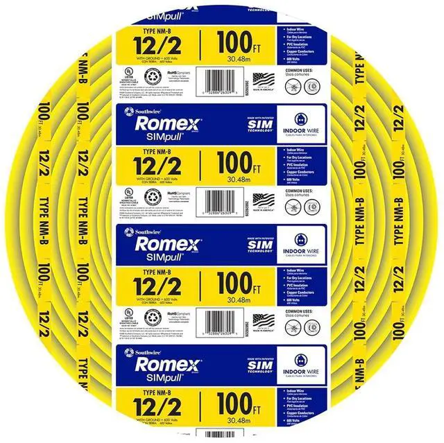 Main image of Southwire Romex Brand Simpull Solid Indoor 12/2 W/G NMB Cable 100ft Coil - SW# 28828228,Yellow, Copper, Nylon, Polyvinyl Chloride (PVC)