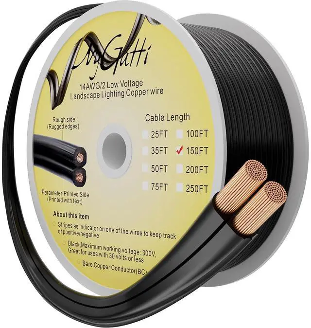 Main image of 14/2 Low Voltage Landscape Wire 150 Feet, 14 Gauge Wire 2 Conductor Low Voltage Wire, Real 14 AWG Outdoor Direct Burial Electrical Wire, OFC, UV Resistance, 14ga Pro Landscape Lighting Cable