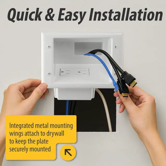 Alt view image 5 of 7 - DATA COMM 45-0071-WH Recessed Low Voltage Cable Plate with Built-In Duplex Receptacle Outlet, Easy To Install - Ideal for Home Theater, TV & Power Cable Management, Mid-Size, White