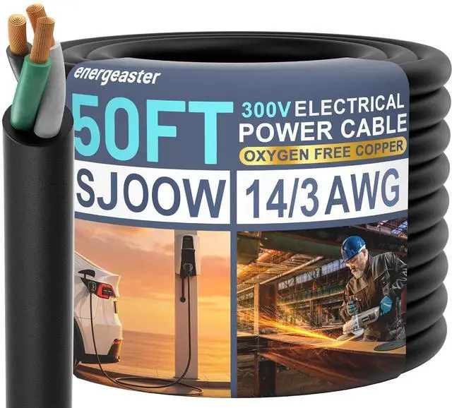 Main image of 50FT 14/3 SJOOW Portable Power Cable, 14 Gauge 3 Conductor (ETL) | 14AWG 300V 15A Bulk Cable, Water & Oil Resistant, for Welder,Generator,Motor Lead,Circuits,EV Car Charger,Speaker Systems