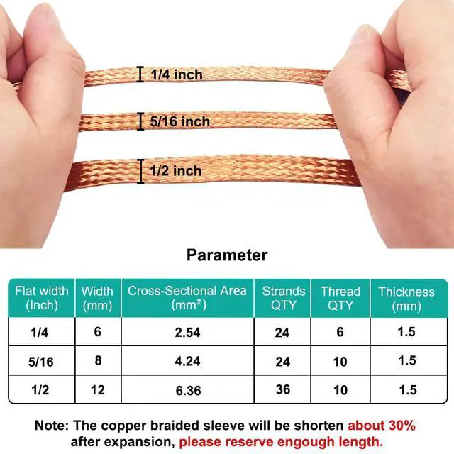 Alt view image 2 of 7 - 9.8ft 1/2 inch Flat Copper Braided Ground Strap Wire Sleeve Expandable Shielding Wire Mesh with Rings Terminal for Ground Protection Cable