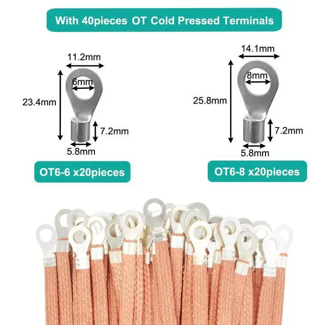 Alt view image 3 of 7 - 9.8ft 1/2 inch Flat Copper Braided Ground Strap Wire Sleeve Expandable Shielding Wire Mesh with Rings Terminal for Ground Protection Cable