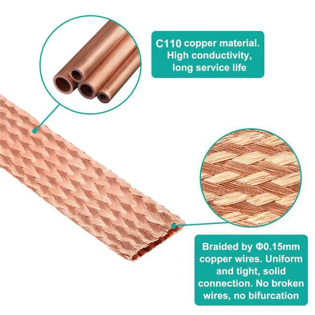 Alt view image 4 of 7 - 9.8ft 1/2 inch Flat Copper Braided Ground Strap Wire Sleeve Expandable Shielding Wire Mesh with Rings Terminal for Ground Protection Cable
