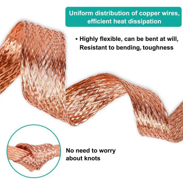 Alt view image 6 of 7 - 9.8ft 1/2 inch Flat Copper Braided Ground Strap Wire Sleeve Expandable Shielding Wire Mesh with Rings Terminal for Ground Protection Cable