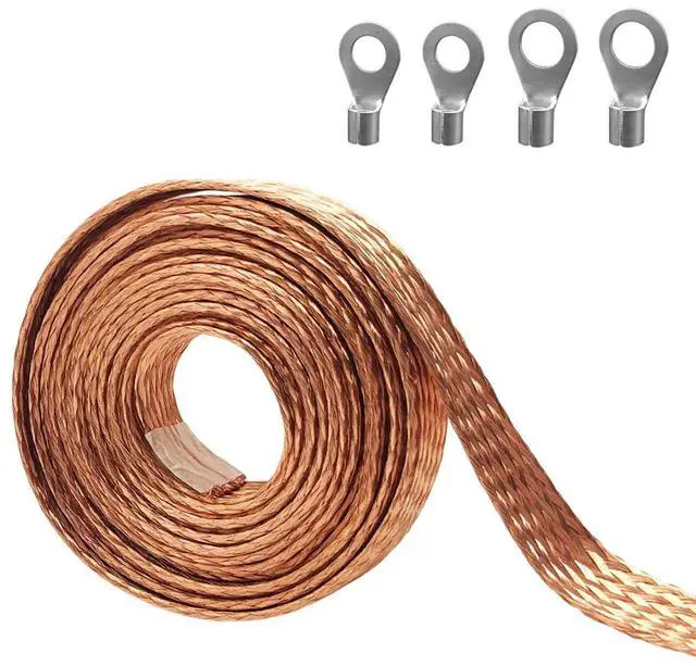 Main image of 9.8ft 1/2 inch Flat Copper Braided Ground Strap Wire Sleeve Expandable Shielding Wire Mesh with Rings Terminal for Ground Protection Cable