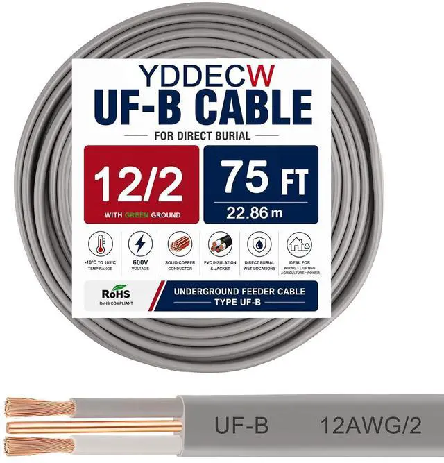 Main image of 12/2 UF-B Wire - 75FT 100% Pure Copper 12AWG 2 Connector Direct Burial Electrical Cable 12 Gauge for Underground Feeder Wet or Corrosive Locations Indoor & Outdoor etc