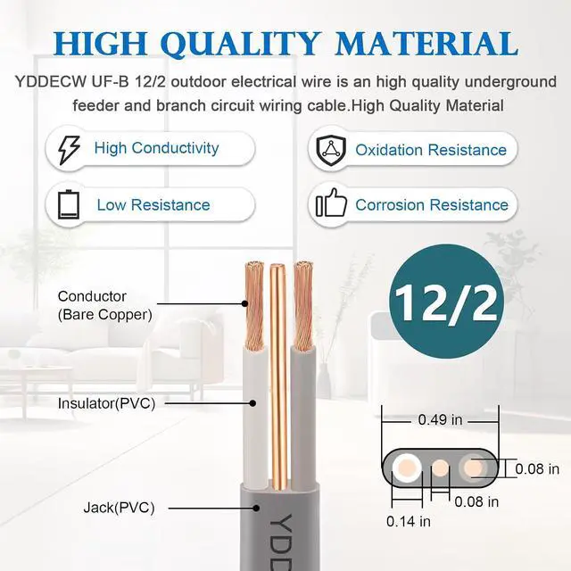 Alt view image 2 of 7 - 12/2 UF-B Wire - 75FT 100% Pure Copper 12AWG 2 Connector Direct Burial Electrical Cable 12 Gauge for Underground Feeder Wet or Corrosive Locations Indoor & Outdoor etc