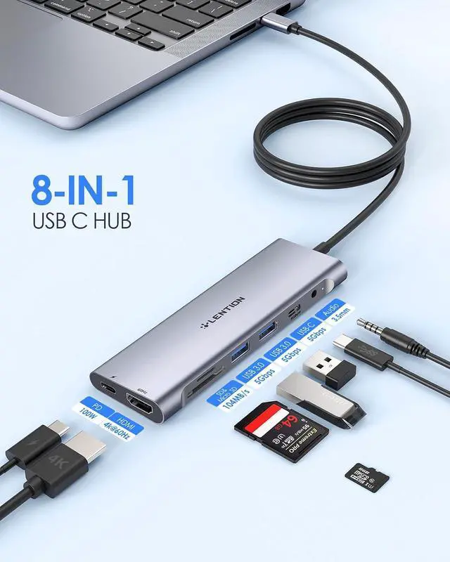Alt view image 2 of 7 - LENTION 3.3FT Long Cable USB C Hub, 4K HDMI, 100W PD, A&C, Card Reader, Aux | USB 3.0 2A & 1C Stable Driver Adapter, for macOS, iOS/iPadOS, Windows & ChromeOS (C37-1M, Space Gray)