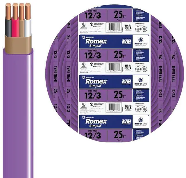 Main image of Southwire Romex SIMpull Residential Wire, 12 Gauge, 3 Conductor, 25 Ft, W/G NM-B Cable, Purple, 63947821