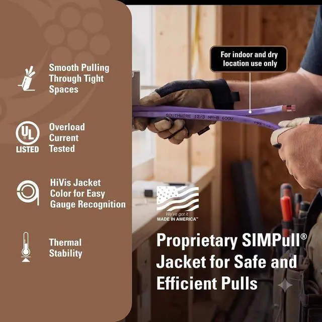 Alt view image 3 of 7 - Southwire Romex SIMpull Residential Wire, 12 Gauge, 3 Conductor, 25 Ft, W/G NM-B Cable, Purple, 63947821