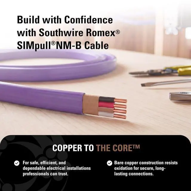 Alt view image 5 of 7 - Southwire Romex SIMpull Residential Wire, 12 Gauge, 3 Conductor, 25 Ft, W/G NM-B Cable, Purple, 63947821