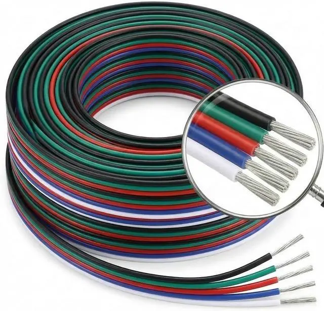 Main image of EvZ 22 AWG 5-Pin RGBW LED Extension Cable (66ft/20m) - 5 Conductor 22 Gauge Parallel Hookup Wire for 5050 3528 RGB+White LED Strips, 12V/24V DC Ribbon Lights, Flexible tinned Copper (B-G-R-B-W)