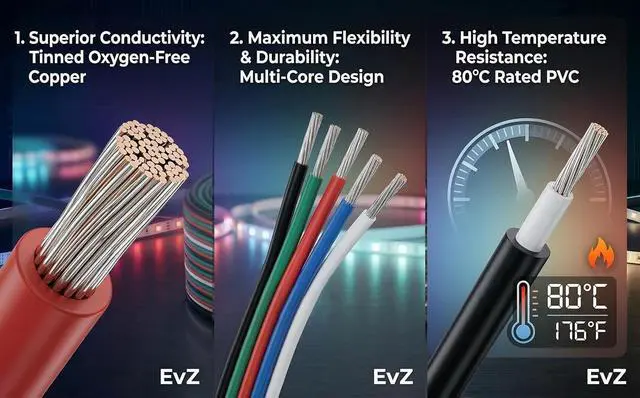 Alt view image 3 of 7 - EvZ 22 AWG 5-Pin RGBW LED Extension Cable (66ft/20m) - 5 Conductor 22 Gauge Parallel Hookup Wire for 5050 3528 RGB+White LED Strips, 12V/24V DC Ribbon Lights, Flexible tinned Copper (B-G-R-B-W)
