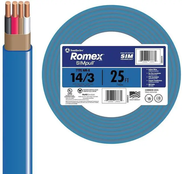 Main image of Southwire Romex SIMpull Electrical Wire, 14 Gauge, 3 Conductor, 25 Ft, NM-B Cable, Blue, 63946921