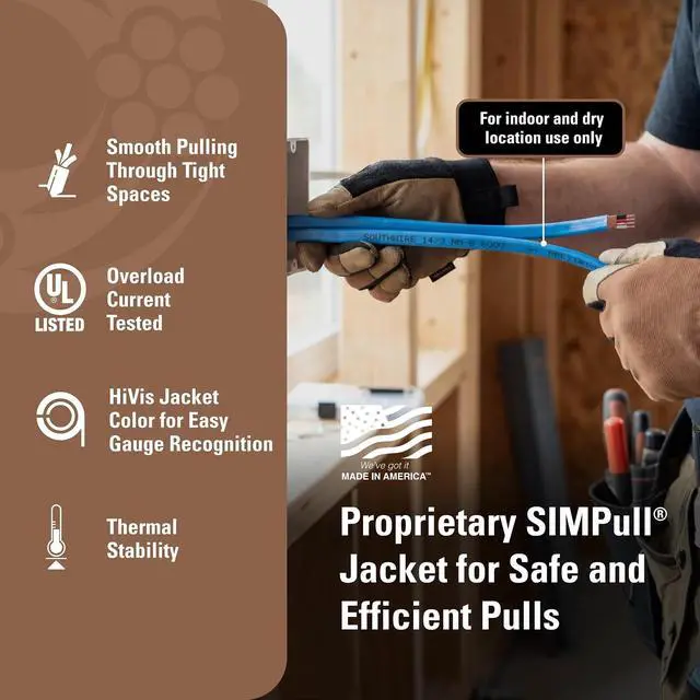 Alt view image 3 of 7 - Southwire Romex SIMpull Electrical Wire, 14 Gauge, 3 Conductor, 25 Ft, NM-B Cable, Blue, 63946921