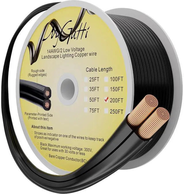 Main image of 14/2 Low Voltage Landscape Wire 200 Feet, 14 Gauge Wire 2 Conductor Low Voltage Wire, Real 14 AWG Outdoor Direct Burial Electrical Wire, OFC, UV Resistance, 14ga Pro Landscape Lighting Cable