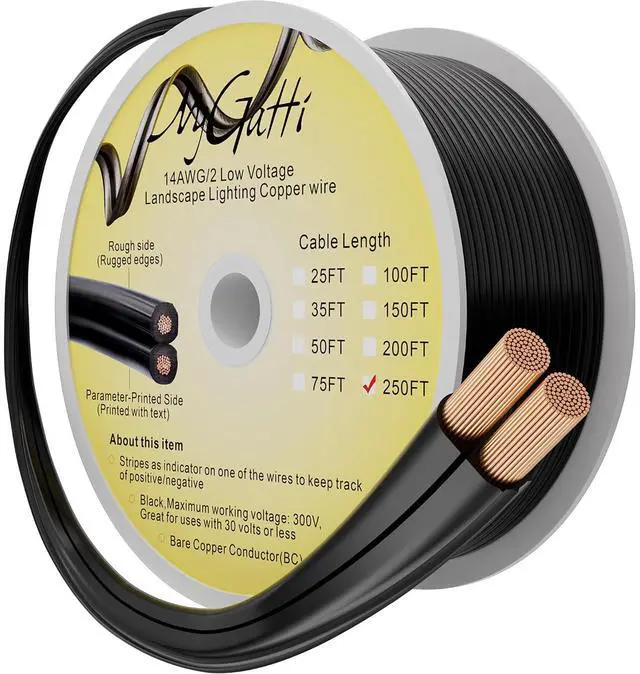 Main image of 14/2 Low Voltage Landscape Wire - 250 Feet, 14 Gauge, Real 14 AWG Outdoor Direct Burial Electrical Wire, OFC, UV Resistance, Pro Landscape Lighting Cable