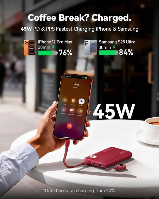 Alt view image 3 of 7 - INIU 45W Fast Charging Portable Charger, Smaller 10000mAh Travel Power Bank | Flight-Safe, Detachable USB C Cable, Travel Essential, External Battery Phone Pack for iPhone 17 Samsung S26 iPad etc, Red