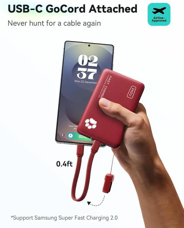 Alt view image 4 of 7 - INIU 45W Fast Charging Portable Charger, Smaller 10000mAh Travel Power Bank | Flight-Safe, Detachable USB C Cable, Travel Essential, External Battery Phone Pack for iPhone 17 Samsung S26 iPad etc, Red