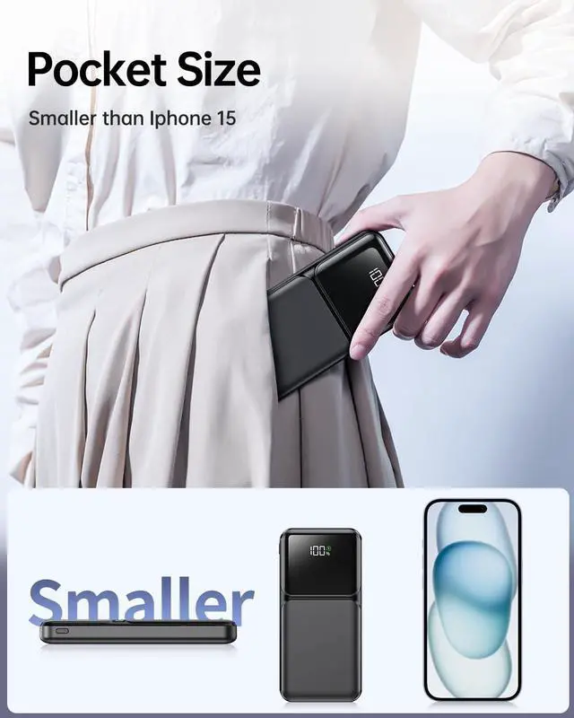 Alt view image 5 of 7 - Portable Charger with Built in Cable 20000mAh Fast Charging | Power Bank USB C Slim 22.5W LED Display Battery Pack 5 Outputs & 3 Inputs for Travel Essentials iPhone Phones Black