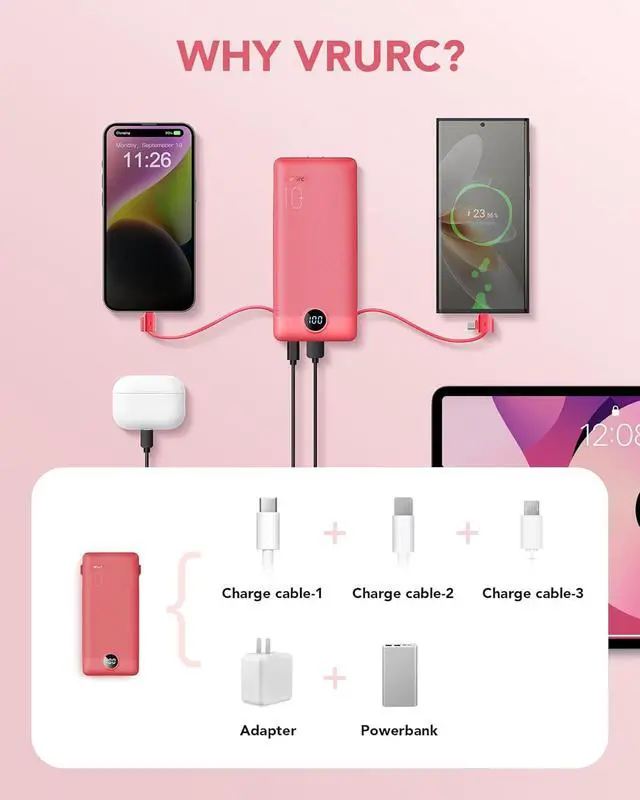 Alt view image 4 of 7 - Portable Charger Built-in Cables and AC Wall Plug, VRURC USB C Power Bank 10000mAh, Travel Battery Portable Phone Charger Compact Lightweight External Battery Pack for SmartPhones,Tablets-Viva Magenta