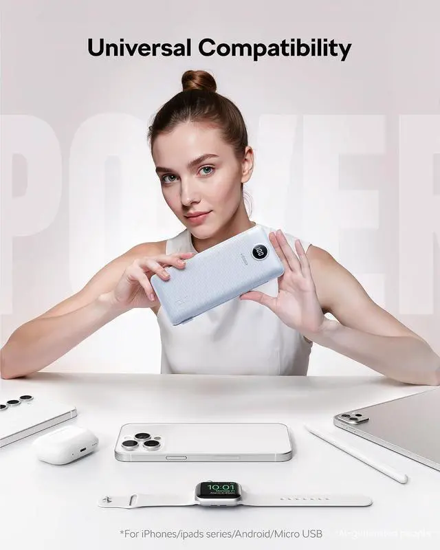 Alt view image 6 of 7 - VEGER Portable Charger, 10000mAh Power Bank, Built-in AC Plug and Cables | Ultra Slim, Charging 4 Devices Once, Travel Essentials, USB C Battery Pack for iPhone, iPad, Samsung, Android, Tablets, Blue