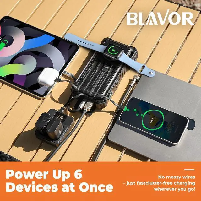 Alt view image 2 of 7 - BLAVOR Solar Power Bank 20000mAh Built-in Cables, Wireless Charger for Phones & Apple Watch, 20W Fast Charging Battery Pack with USB C, Flashlight, Solar Charger for iPhone, iPad, iWatch, Samsung