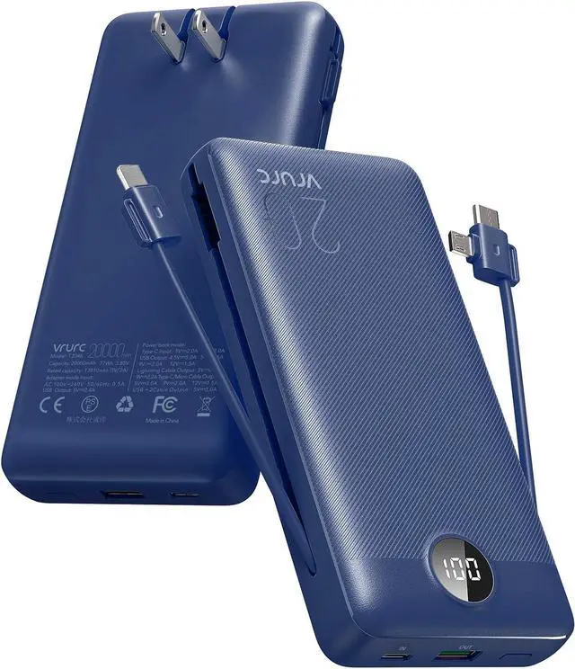 Main image of VRURC Portable Charger 20000mAh, Fast Charging Power Bank USB C,4 Output 2 Input Travel Essentials Charging Bank Equipped with LED Display,Built-in Wall Plug and Cables,Phone Charger Battery,Navy