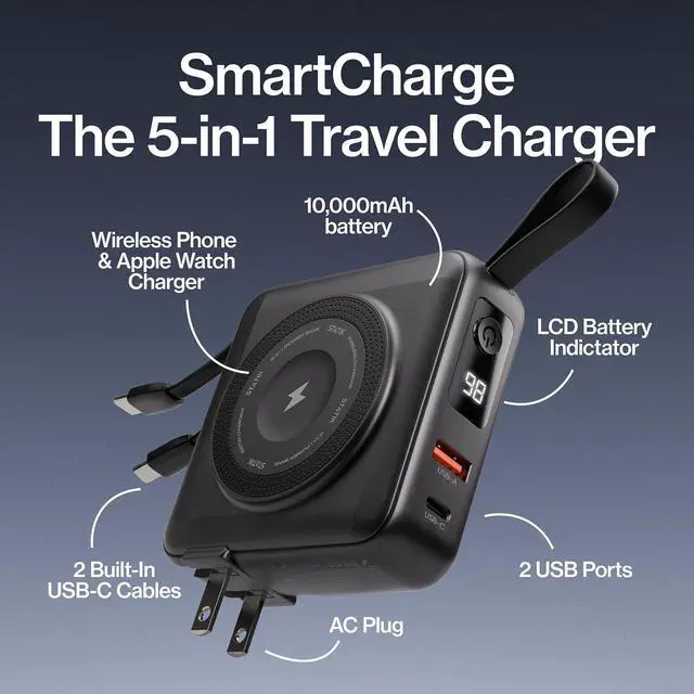 Alt view image 2 of 7 - Statik SmartCharge (Gen 2) Power Bank, 5-in-1 Travel Charger, Wall Plug & Built-in USB C Cables, Watch Charger for Apple Watch, 10000mAh, European Adapter, Compatible with iPhone, iPad, Samsung