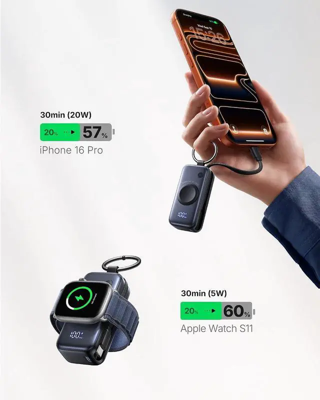 Alt view image 5 of 7 - INIU 20W SnapGo Portable Charger, 5000mAh Mini Power Bank for Apple Watch | 20W Fast Charging, Travel Keychain, Built-in USB-C Cable, Flight-Safe, Battery Pack for Apple Watch, iPhone 17 etc