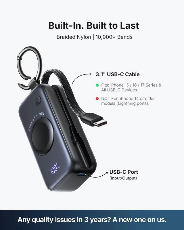 Alt view image 7 of 7 - INIU 20W SnapGo Portable Charger, 5000mAh Mini Power Bank for Apple Watch | 20W Fast Charging, Travel Keychain, Built-in USB-C Cable, Flight-Safe, Battery Pack for Apple Watch, iPhone 17 etc