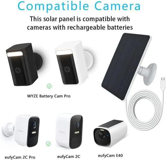 Alt view image 2 of 7 - Solar Panel Compatible with WYZE Battery Cam Pro, EufyCam 2C/2C Pro, 4W 5V Solar Panel Charger with 10ft Micro USB Charging Cable for Outdoor Battery Camera, USB C Adapter, 360° Adjustable Wall Mount