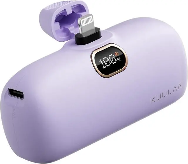 Main image of Kuulaa Portable Charger with Built-in Lightning Cable 5000mAh Small iPhone Fast Charging Mini Portable Phone Charger for iPhone 14/13/13 Pro/12/12 Pro/11/XR/XS/X/8/7/6, Purple
