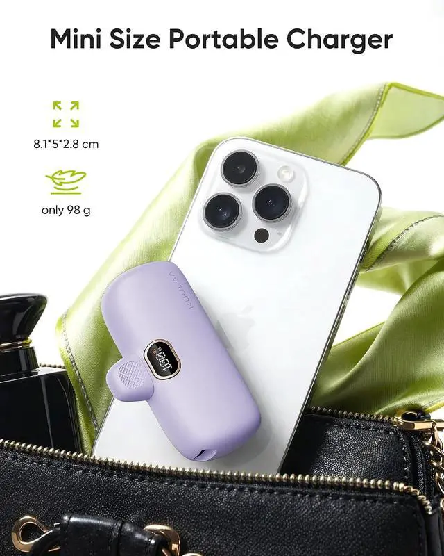 Alt view image 3 of 7 - Kuulaa Portable Charger with Built-in Lightning Cable 5000mAh Small iPhone Fast Charging Mini Portable Phone Charger for iPhone 14/13/13 Pro/12/12 Pro/11/XR/XS/X/8/7/6, Purple
